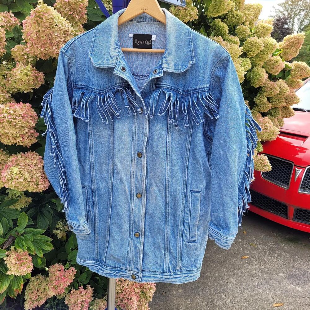 Vintage Learsi 90's Denim Jacket Fringe Yoke Arms 100% Cotton Faded size Small